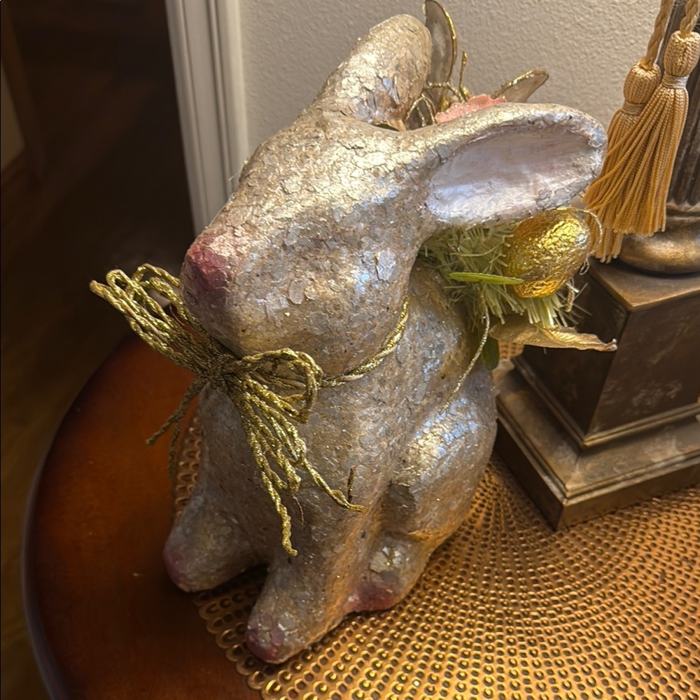 Pier 1 Imports Capiz Decorative Rabbit Figurine Gold Accents and flowers Easter